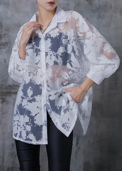 Stylish White Oversized Print Chiffon Upf 50+ Top Summer