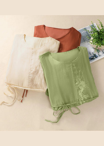 Chinese Style Green O-neck Embroidered Tie Waist Cotton Dresses Summer