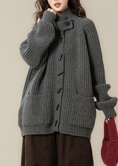 Grey Stand Collar Thick Cotton Knit Cardigans Winter