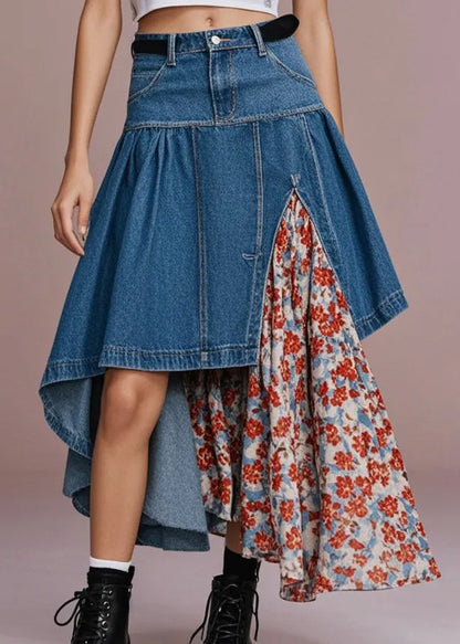 Navy Asymmetrical Patchwork Print Denim Skirt Spring