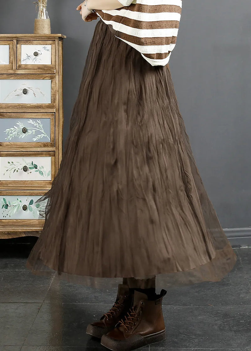 Coffee Wrinkled Elastic Waist Tulle Skirt Fall