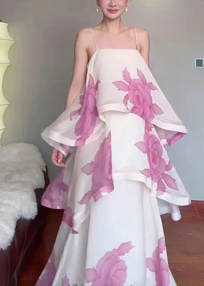 Beach White Print Maxi Spaghetti Strap Dress Summer