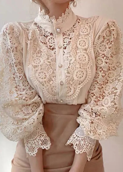 French Apricot Hollow Out Patchwork Lace Tops Spring