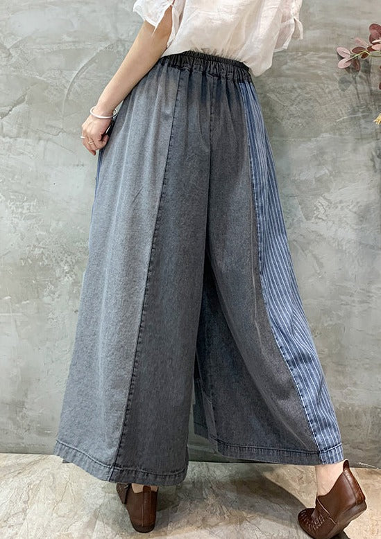 Drawstring Elasticity Plaid Split-joint Ninth Denim Pants