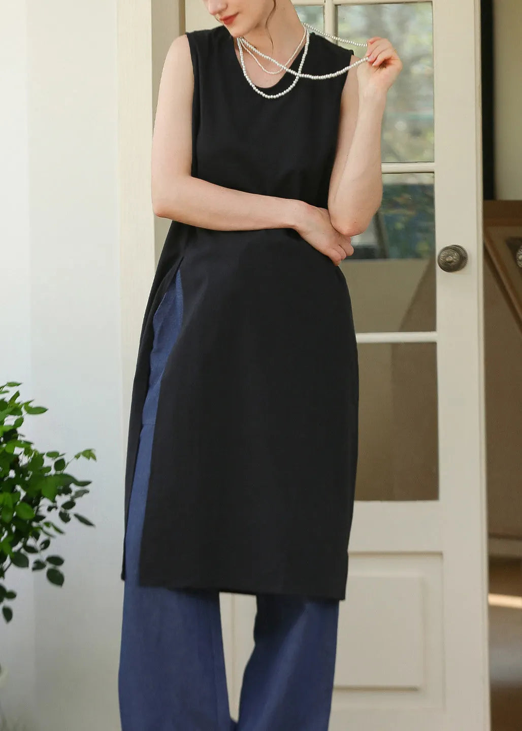 Fine Apricot O Neck Side Open Cotton Dress Sleeveless