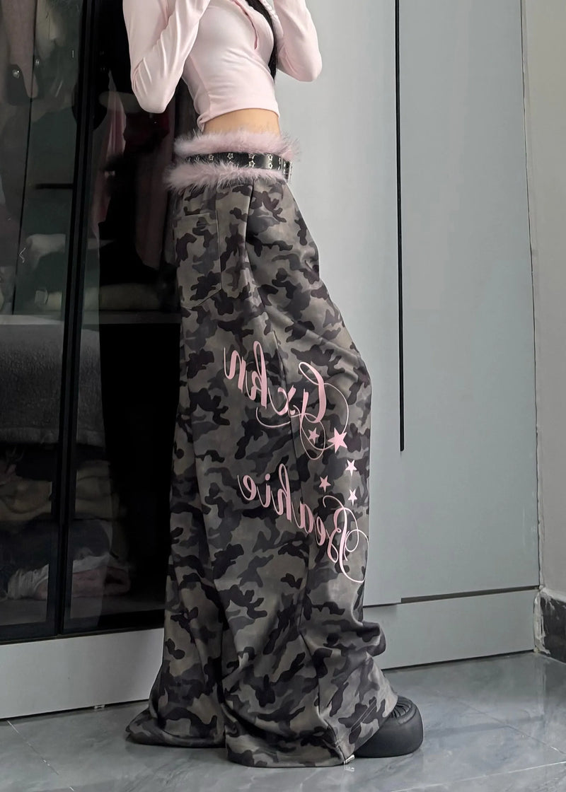 Modern Army Green Camouflage Letter Print Wide Leg Pants Spring