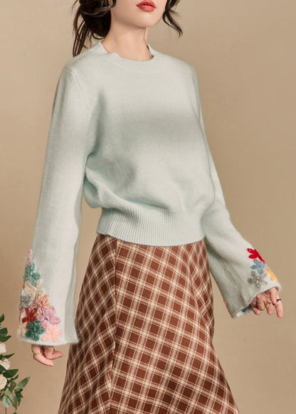 Art Light Blue O Neck Patchwork Knit Sweater Flare Sleeve