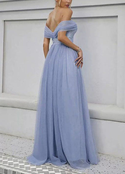 Blue Slash Neck High Waist Tulle Maxi Dress Summer