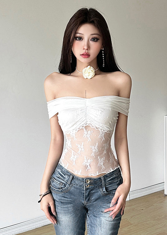 White Slash Neck Cold Shoulder Lace Embroidered Top Summer