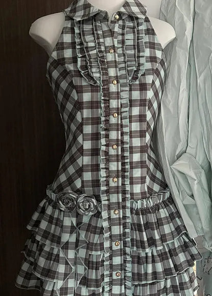 French Peter Pan Collar Plaid Ruffled Cotton Mid Dress Sleeveless