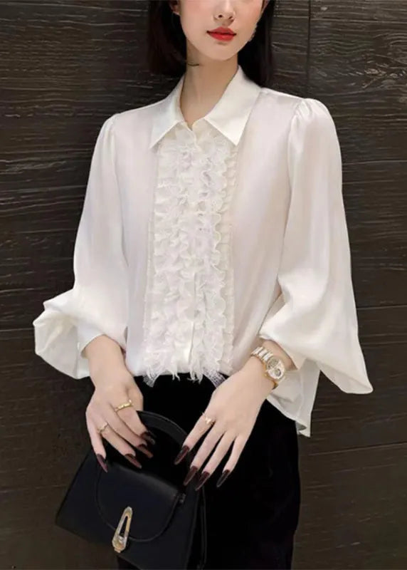 Pink Peter Pan Collar Silk Shirt Lantern Sleeve