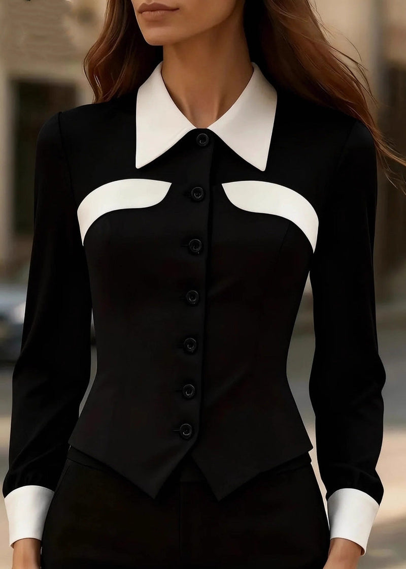 Slim Fit Khaki Peter Pan Collar Patchwork Silk Top Spring