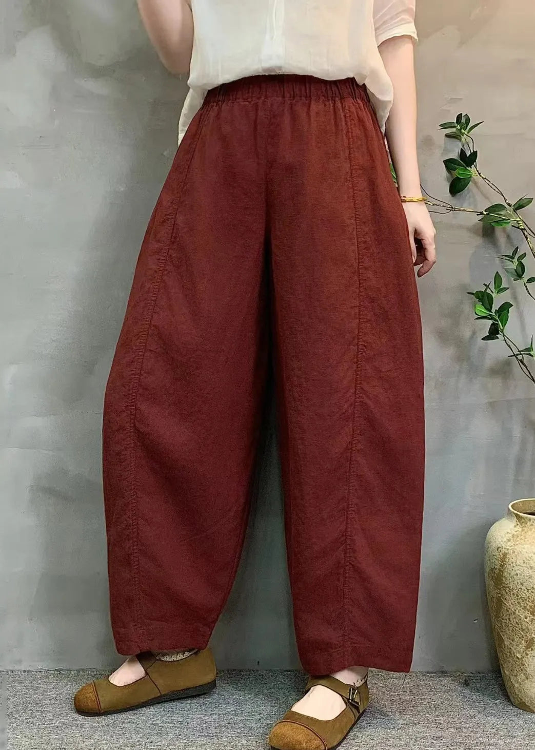 Red Oversized Linen Crop Pants Summer