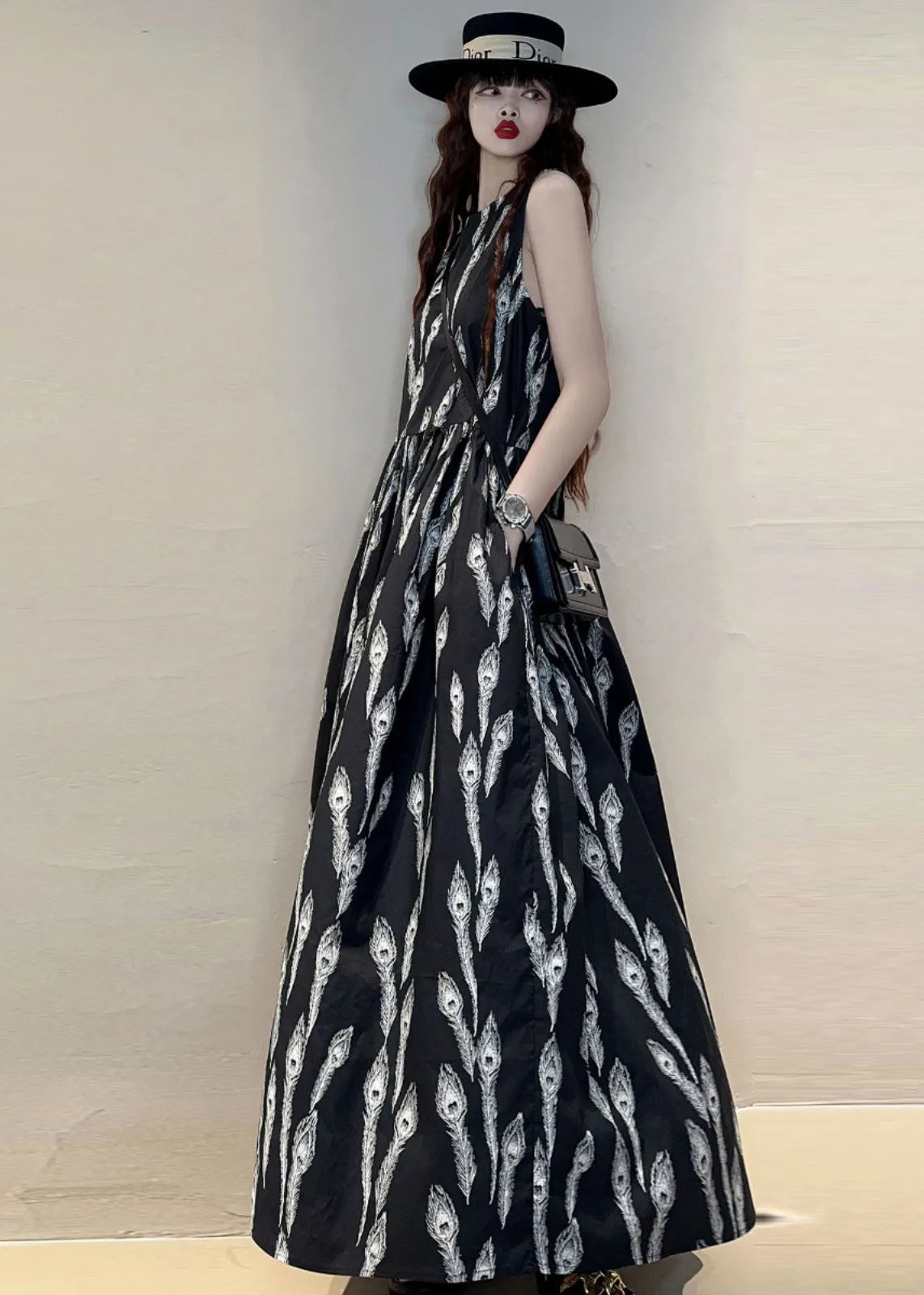 New Black O Neck Print Pockets Cotton Maxi Dresses Sleeveless