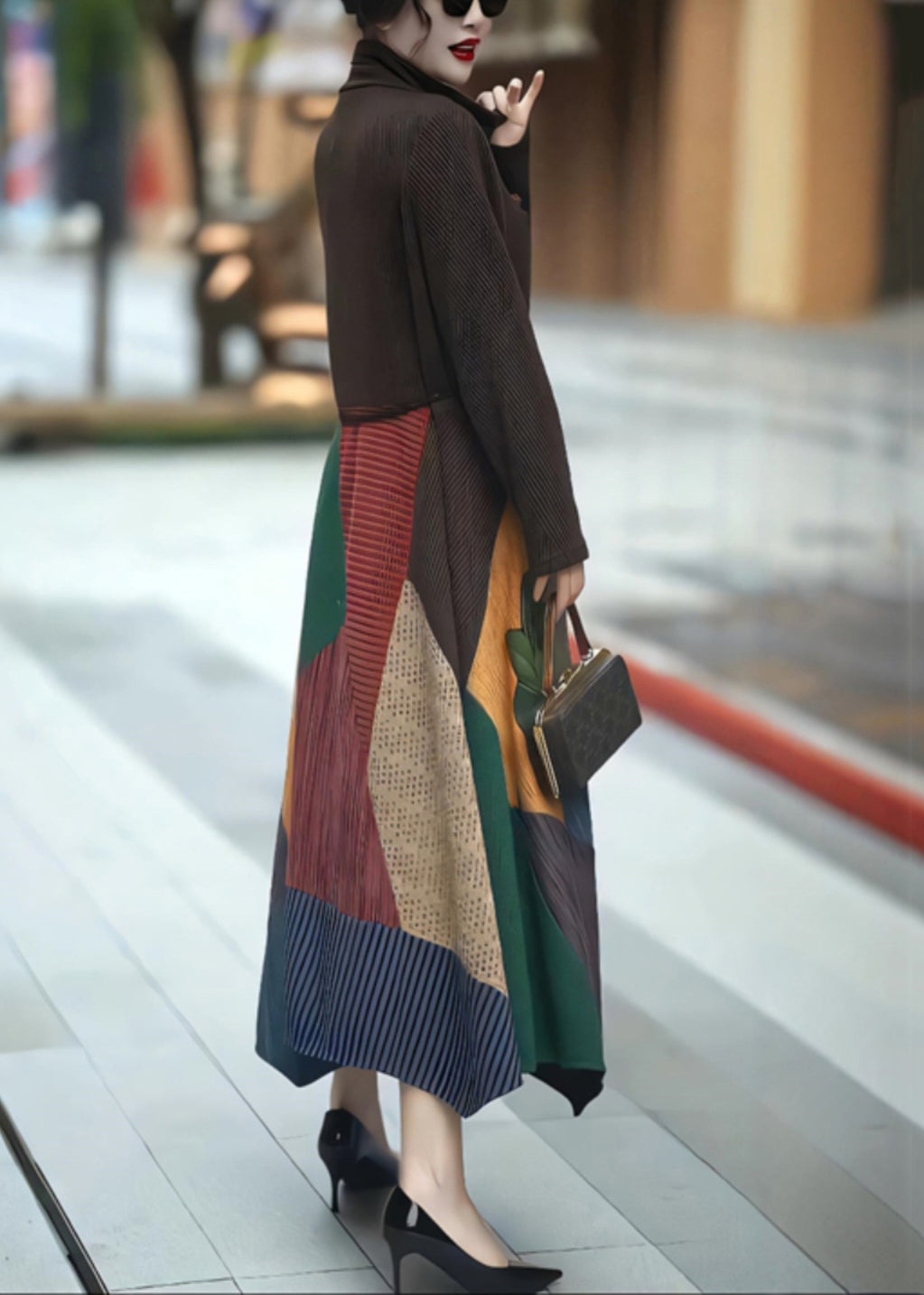 Coffee Turtleneck Tie Waist Patchwork Long Dress Winter