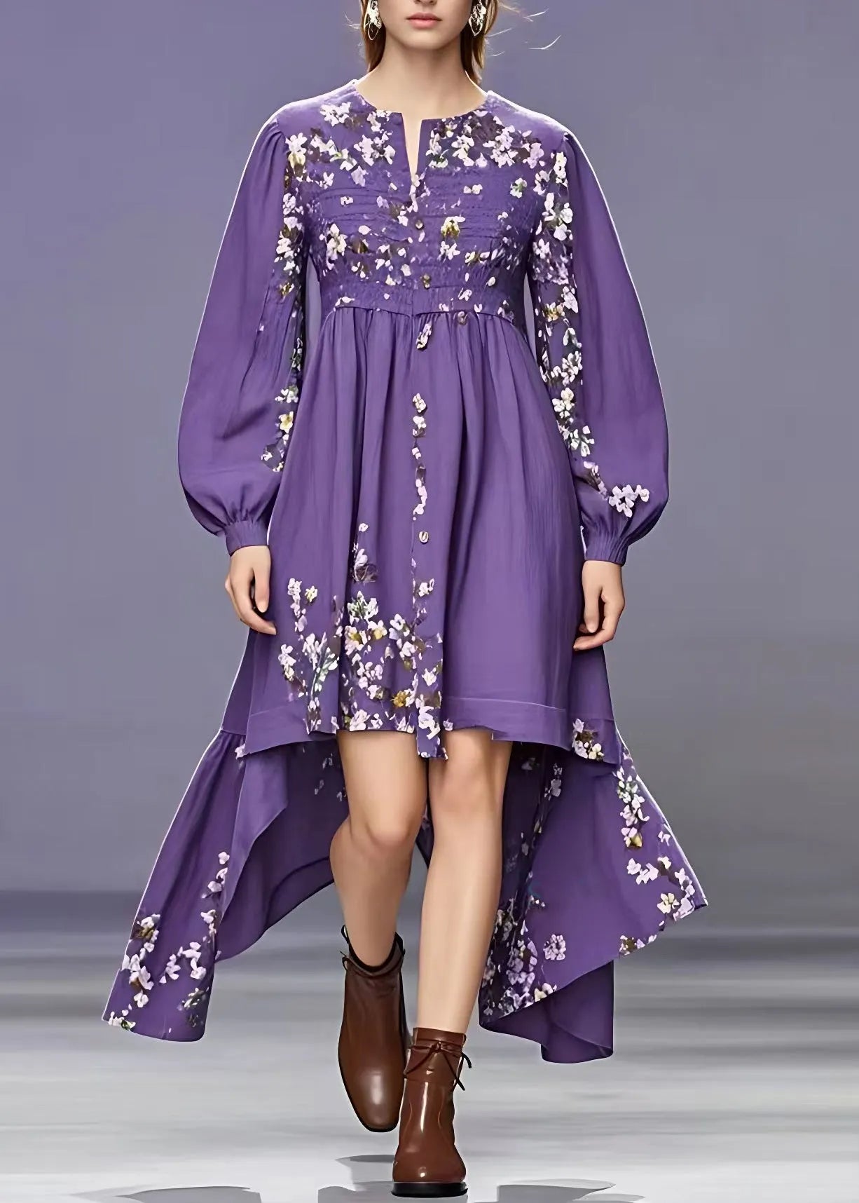 Purple O-neck Patchwork Maxi Dress Fall