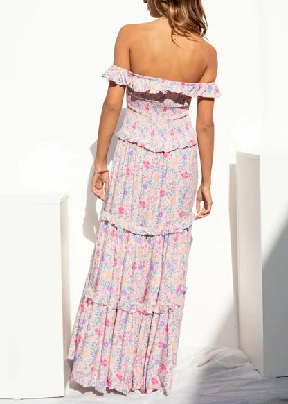 Purple Ruffled Print Patchwork Cotton Long Dresses Summer