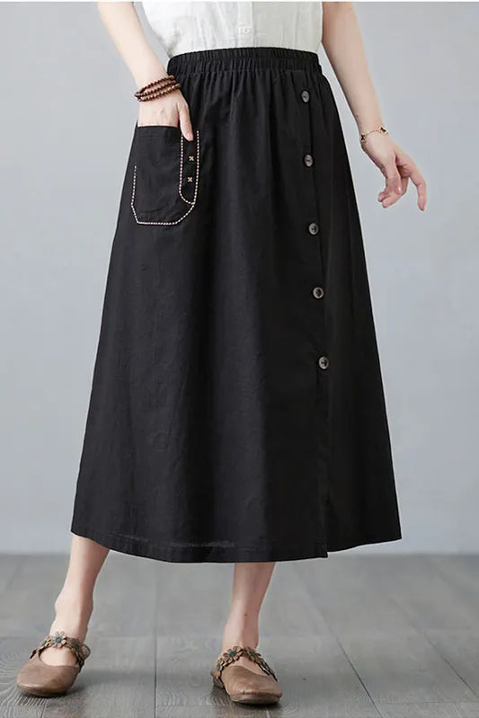 -cotton Linen Embroidered Pocket Skirt