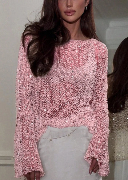 Beige O-neck Hollow Out Sequins Knit Top Spring