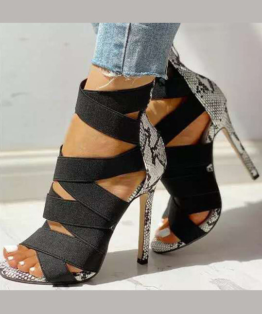 Black Elastic Fabric Splicing High Heel Sandals Peep Toe
