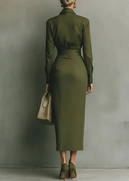 Green Peter Pan Collar Pockets Patchwork Cotton Dress Fall