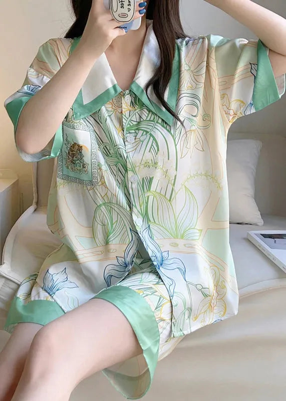 Green Print Button Shirt and Shorts Ice Silk Pajamas Two Pieces Set Summer