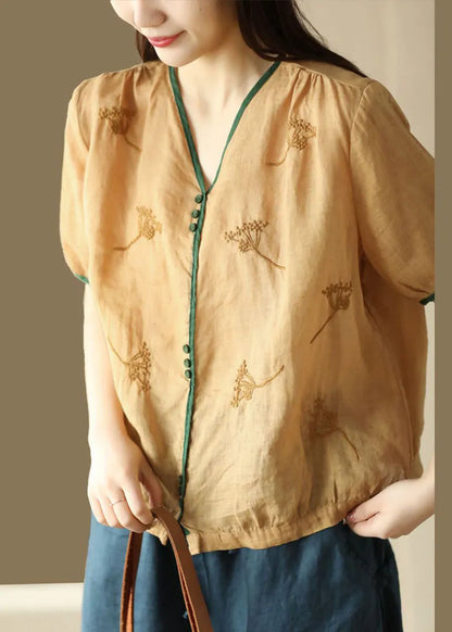 Yellow V Neck Embroidered Patchwork Linen Top Summer