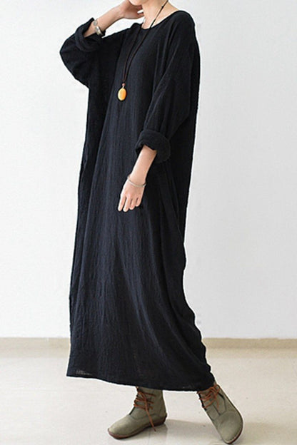 Fall Thin Black Linen Dresses Long Sleeve Linen Caftans Gown