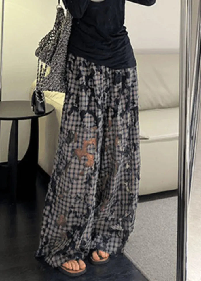 Plaid Hollow Out Patchwork Wide Leg Pants Spring