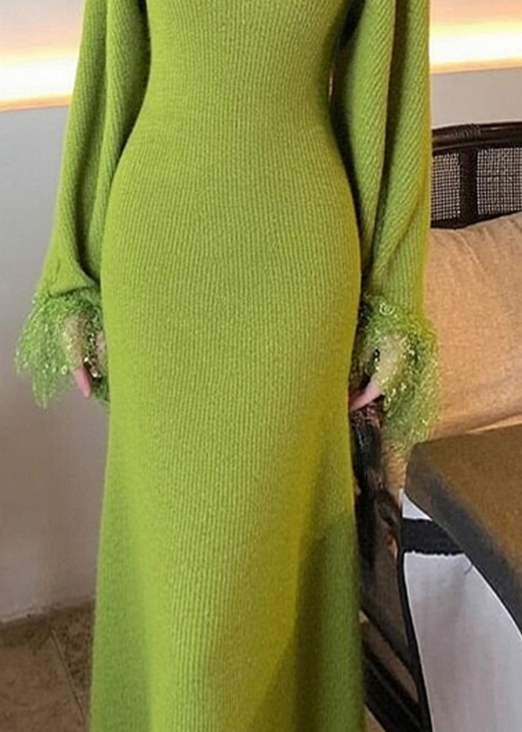 Green Patchwork Halter Cotton Knit Cardigans and Maxi Dress Two Pieces Set Flare Sleeve