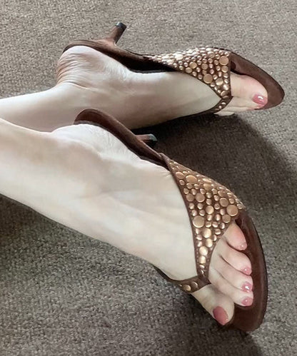 Coffee Suede Riveted High Heel Flip Flops
