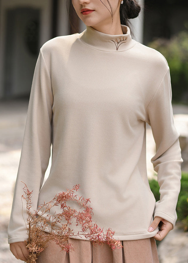 Original Red Hign Neck Embroidered Cotton T Shirt Spring
