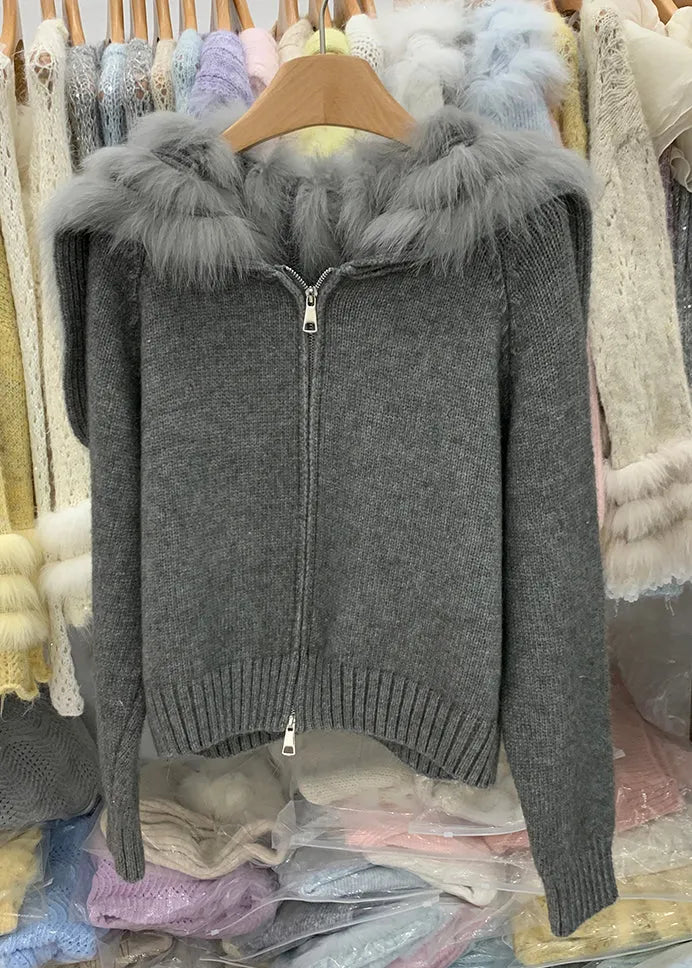 Natural Light Blue Fox Collar Zippered Patchwork Cotton Knit Cardigans Winter
