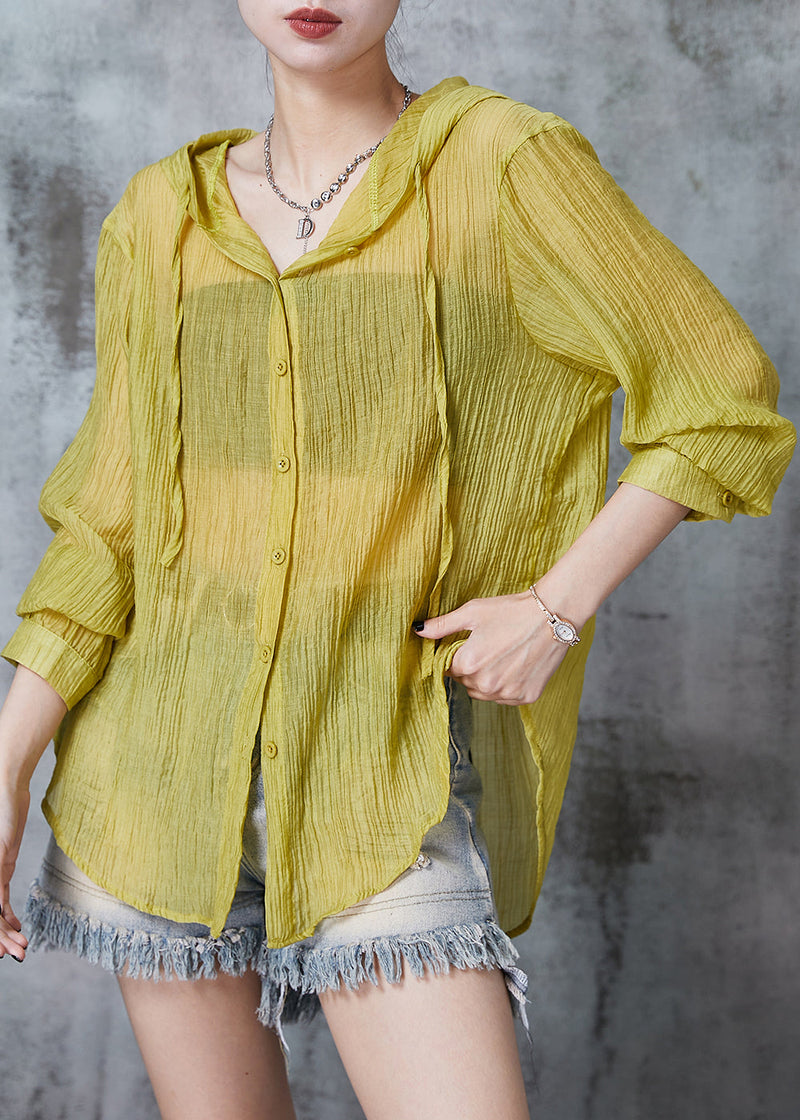 Grass Green Hooded Wrinkled Cotton Blouses Summer