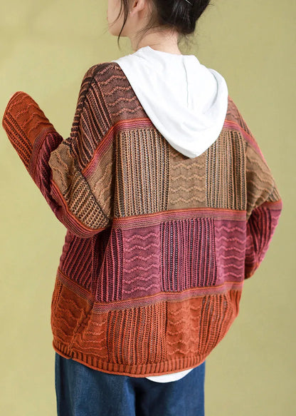 Orange O Neck Button Patchwork Knit Cardigans Spring