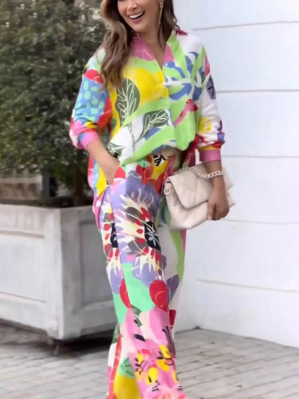 Loose Printed Shirt High Waist Wide Leg Pants Suit