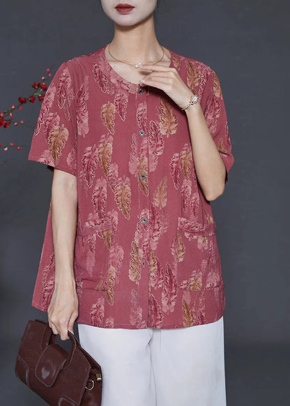 Brick Red Oversized Print Silk Shirt Summer