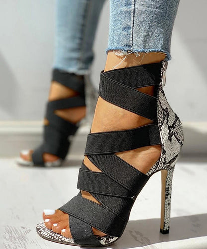 Black Elastic Fabric Splicing High Heel Sandals Peep Toe
