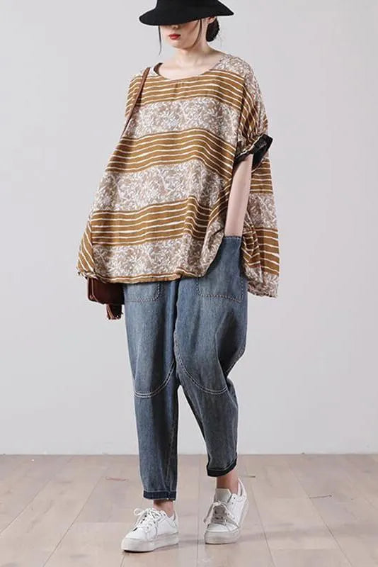 Leaf Stripes Color Patchwork Print T-shirt