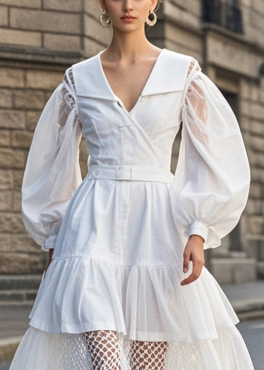 White V Neck Patchwork Tulle Cotton Dress Puff Sleeve