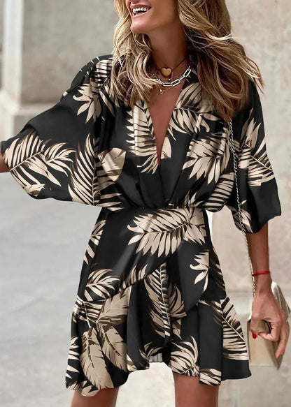New Orange V Neck Print Asymmetrical Design Cotton Mid Dress Batwing Sleeve