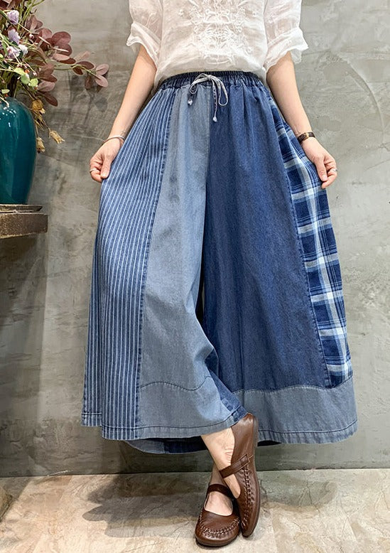 Drawstring Elasticity Plaid Split-joint Ninth Denim Pants
