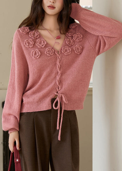 Raspberry Pink V Neck Rose Drawstring Cotton Knit Sweaters Fall