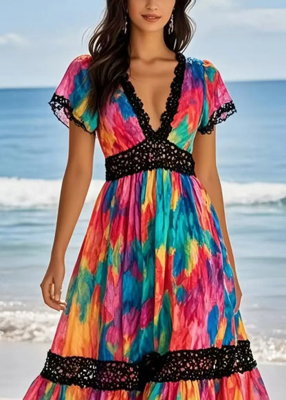 Rainbow Cinched Patchwork Chiffon Vacation Dresses Summer