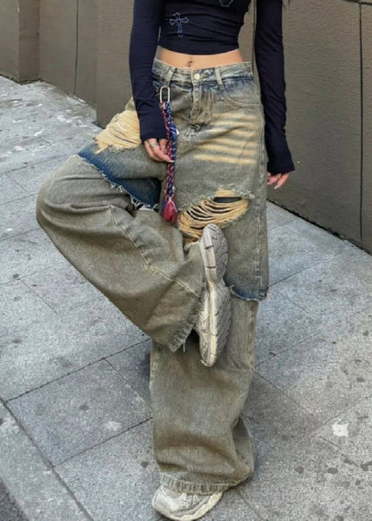 Blue High Waist Fake Two Pieces Hole Denim Pants Fall