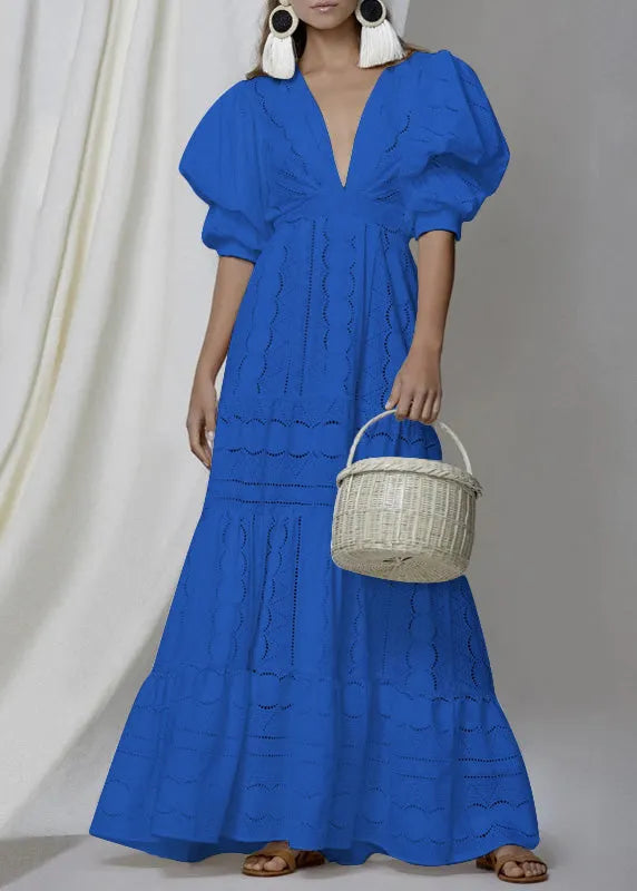 White V Neck Hollow Out Puff Sleeve Patchwork Cotton Dress