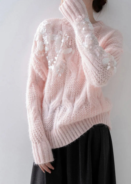 New Pink O Neck Sequins Knit Sweater Tops Spring