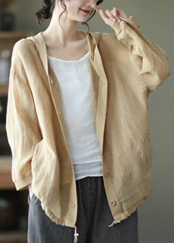 French Red Button Hooded Ramie Long Sleeve Shirt Tops