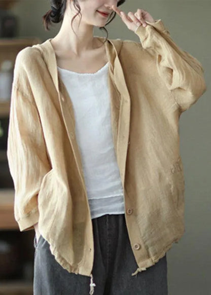 French Red Button Hooded Ramie Long Sleeve Shirt Tops