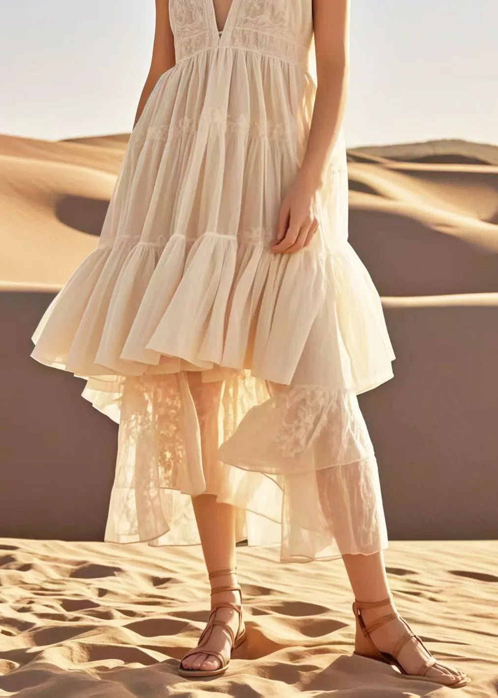 French Apricot Asymmetrical Design Cotton Long Dresses Summer